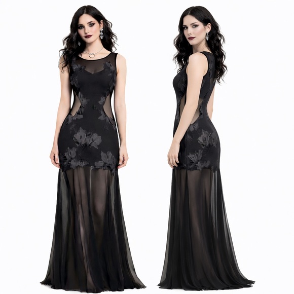 HALSTON HERITAGE BLACK WITCHY MAXI DRESS SEMI SHEER 8 WHIMSIGOTH PARTY VALENTINE - Picture 5 of 9